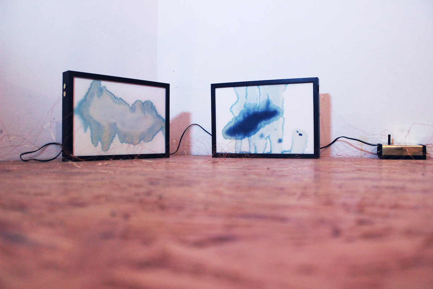 Juliana Herrero, Sonoides 1+2, 2016 (27,3 x 18,8 cm x 4 cm) each. Mixed media sounding sculpture: microsound and watercolor blue print technique as synesthesia, copper wire, piezo's, electronic heart, sound on playback. View of diptych sounding paintings installed.