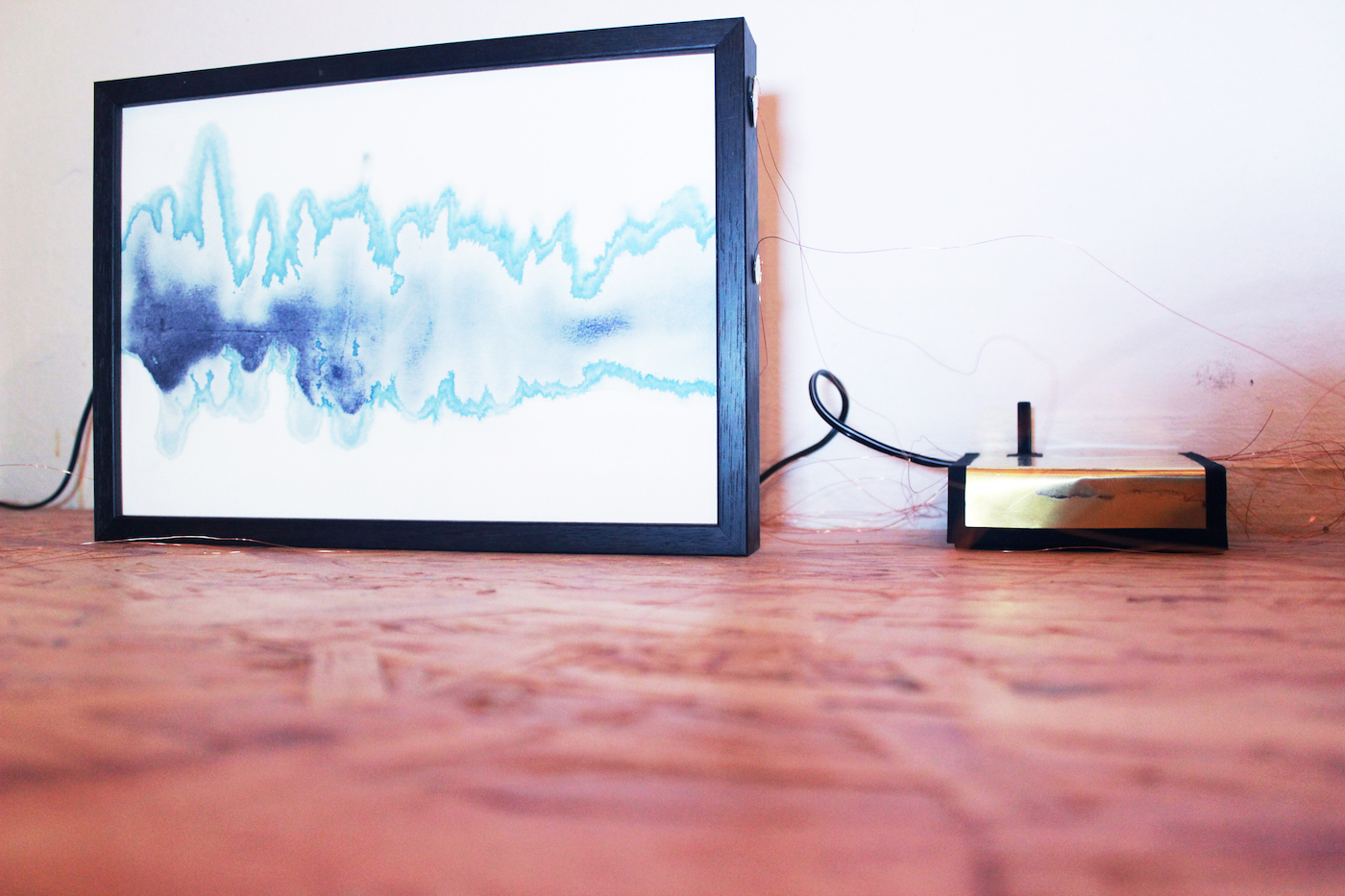 Juliana Herrero, Sonoides 5,2016 (27,3 x 18,8 cm x 4 cm) Mixed media sounding sculpture: microsound and watercolor blue print technique as synesthesia, copper wire, piezo's, electronic heart, sound on playback. 