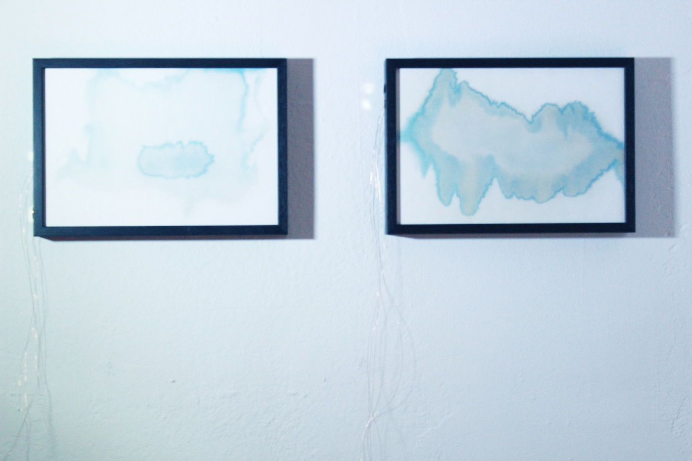 Juliana Herrero, Sonoides 6+2, 2016 (27,3 x 18,8 cm x 4 cm) each. mixed media sounding sculpture: microsound and watercolor blue print technique as synesthesia, copper wire, piezo's, electronic heart, sound on playback. View of diptych sounding paintings installed.