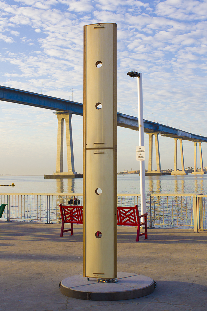 Margaret Noble, Wind Harp, 2016 A 12-foot pillar of wood, stainless steel, concrete and piano strings.