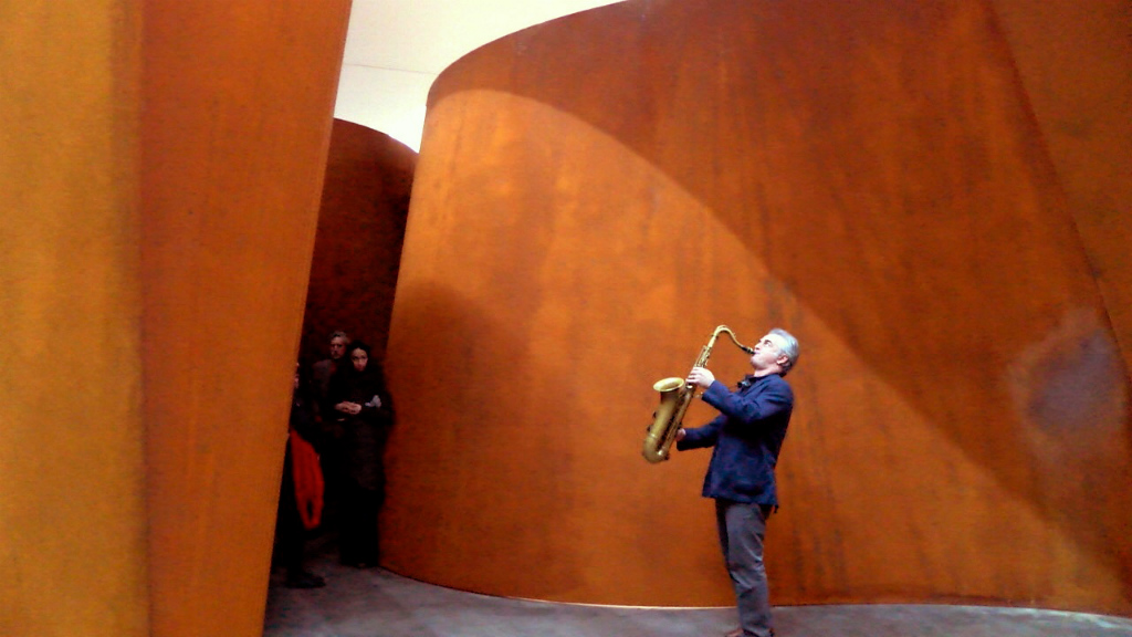 Avram Fefer performing in and around Richard Serra's NJ-1 sculpture at Gagosian Gallery New York.