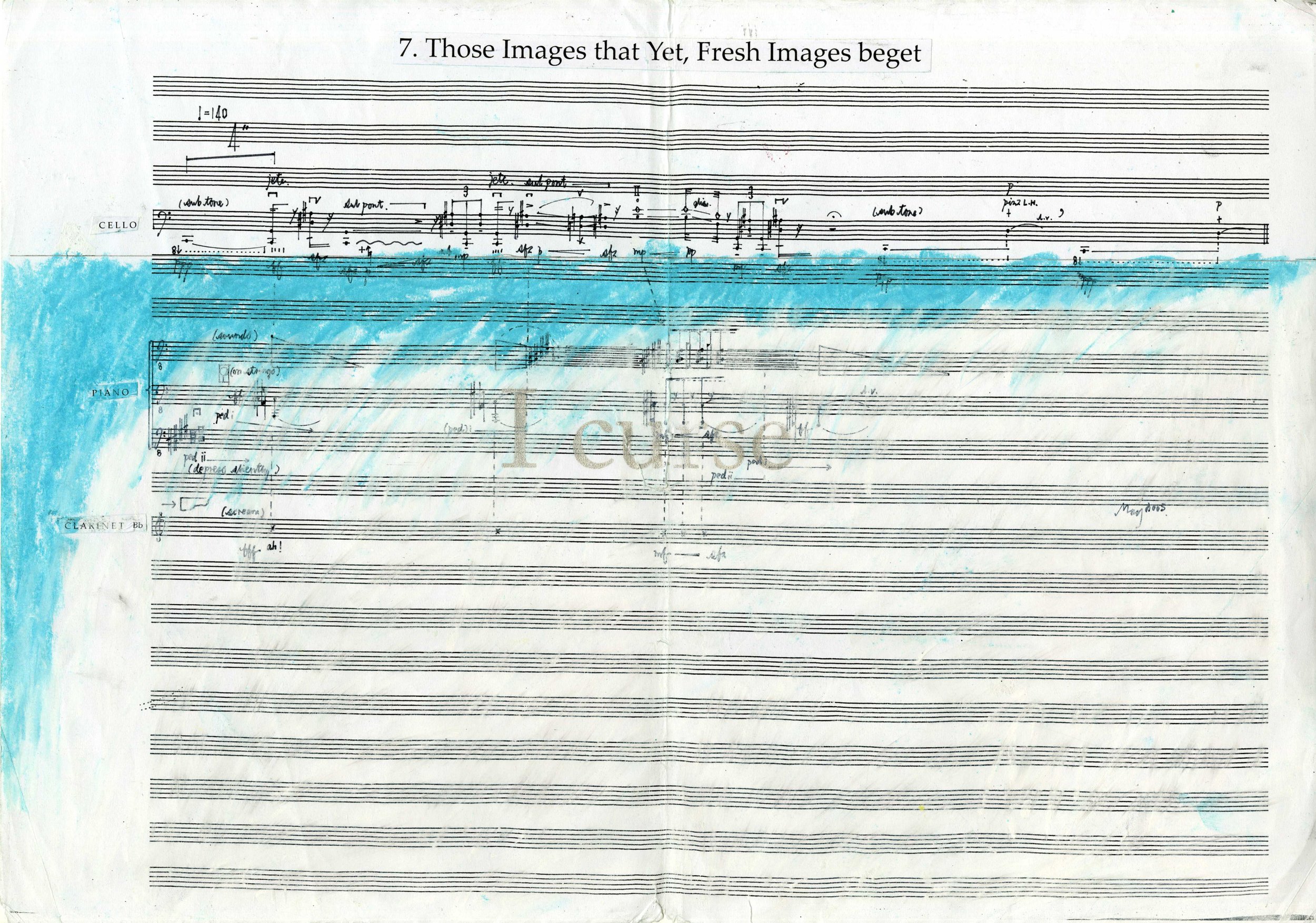 Samson Young, To Fanon (The Dolphin-torn, that gong tormented Sea) Pastel, colored pencil, xerox print, silk screen print and mixed media on original composition manuscripts (ink on paper) | Suite of 8 30.0 × 41.9 Size (cm)