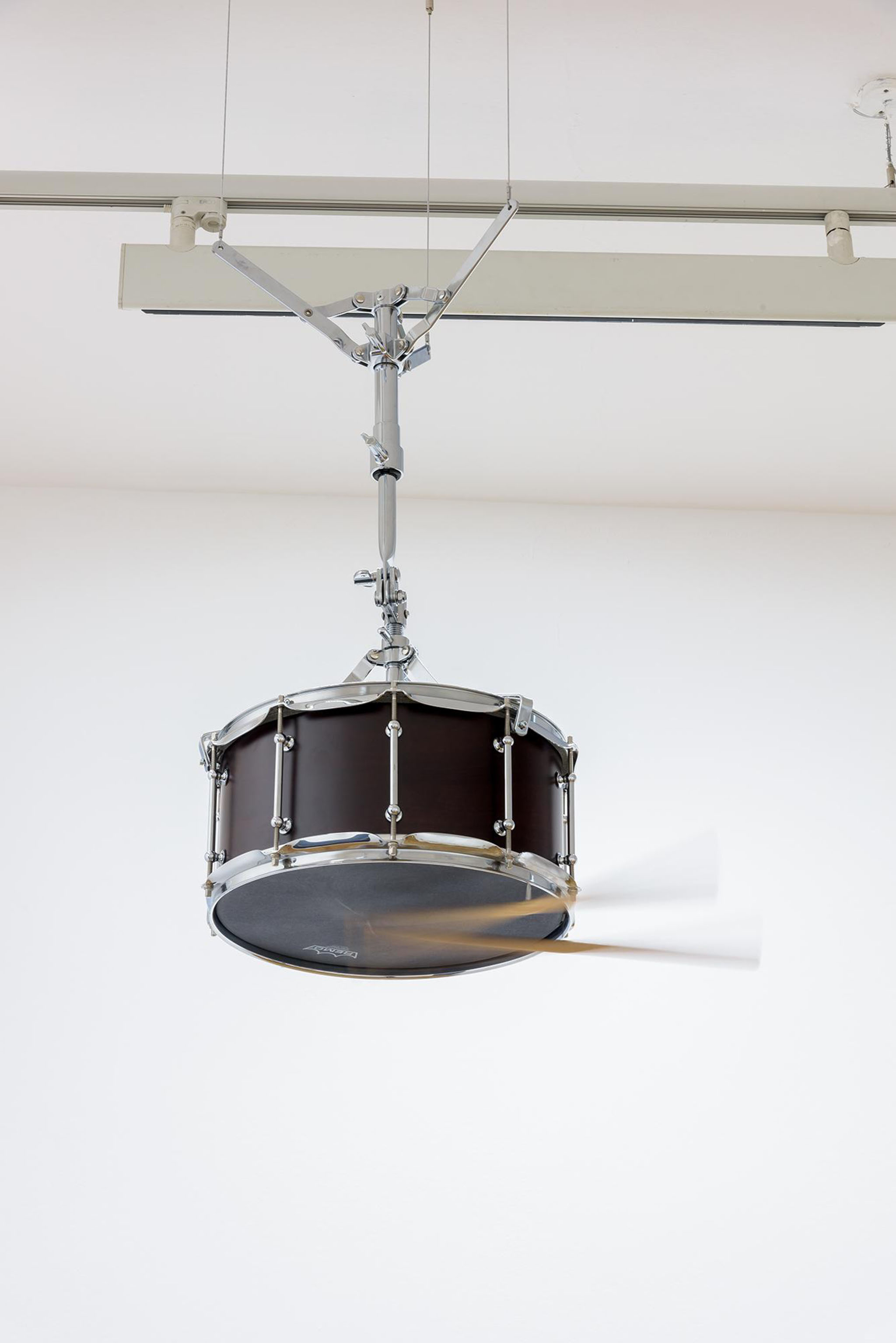 Anri Sala, Transfigured Moth Galerie Chantal Crousel Altered snare drum, drumsticks, altered snare stand, loudspeaker parts, and mono sound