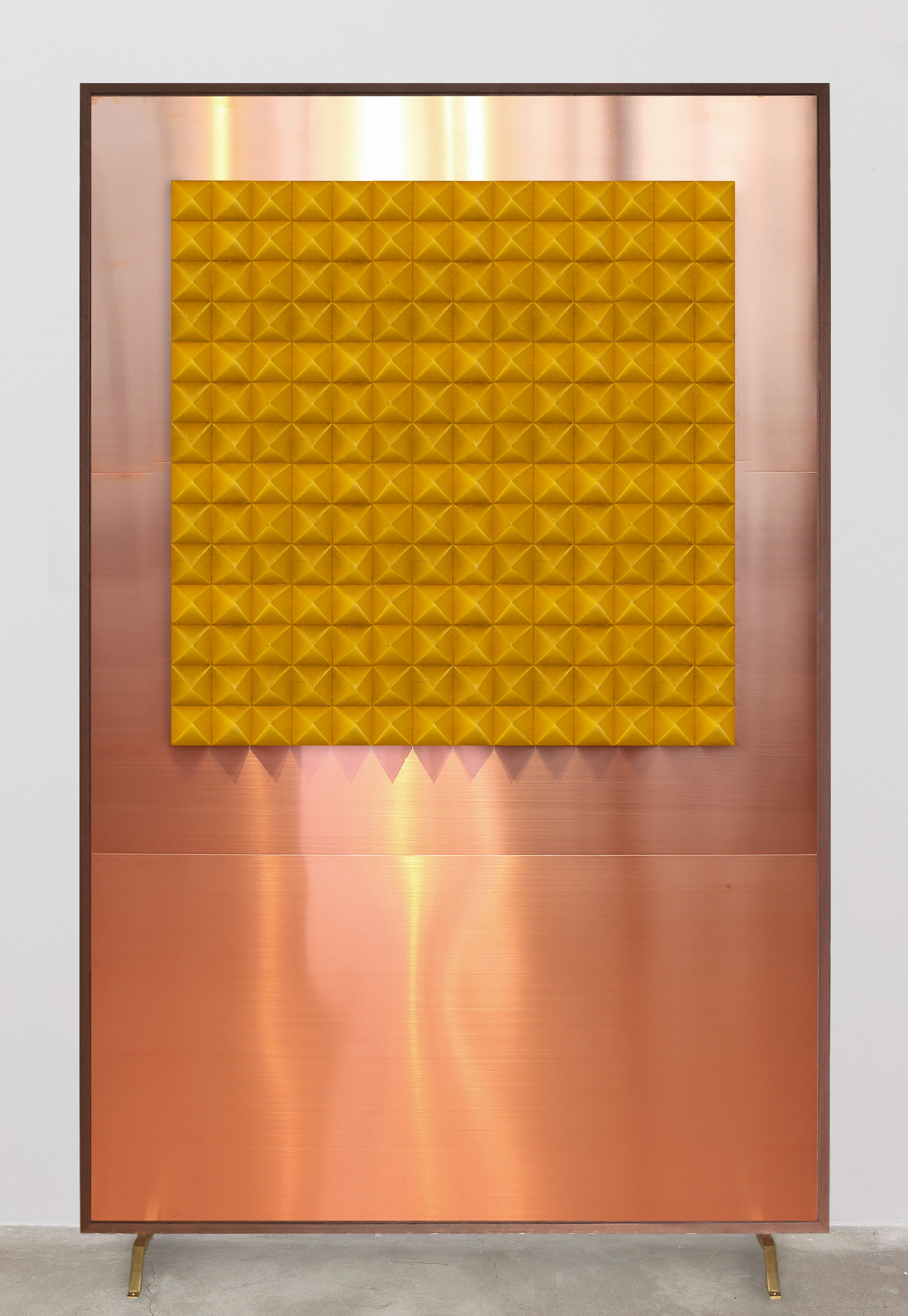 Laurent Grasso, Anechoic Wall Edouard Malingue Gallery Gold leaf on antique oak 98.0 × 98.0 × 7.2 Size (cm)