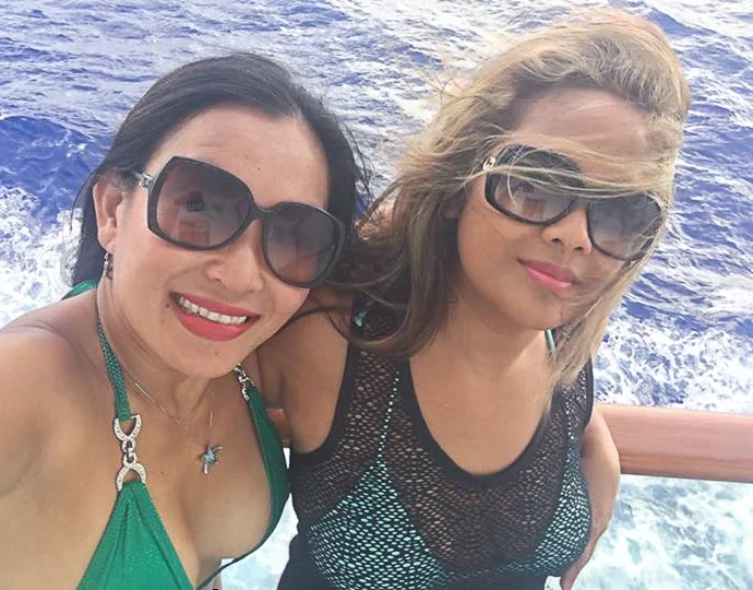 Selfie of Tina and I out on our cabin balcony.