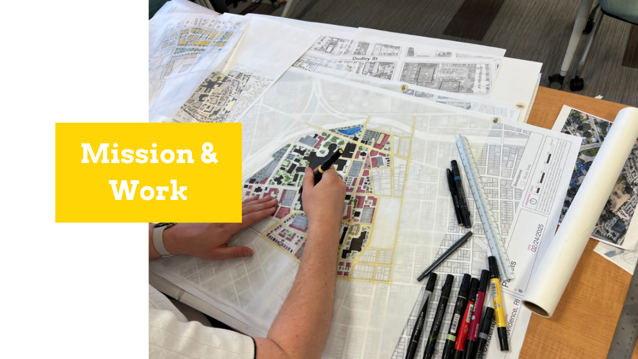 Image of a hand holding a marker drawing on a city-scale map with a yellow text box that reads "Mission & Work."