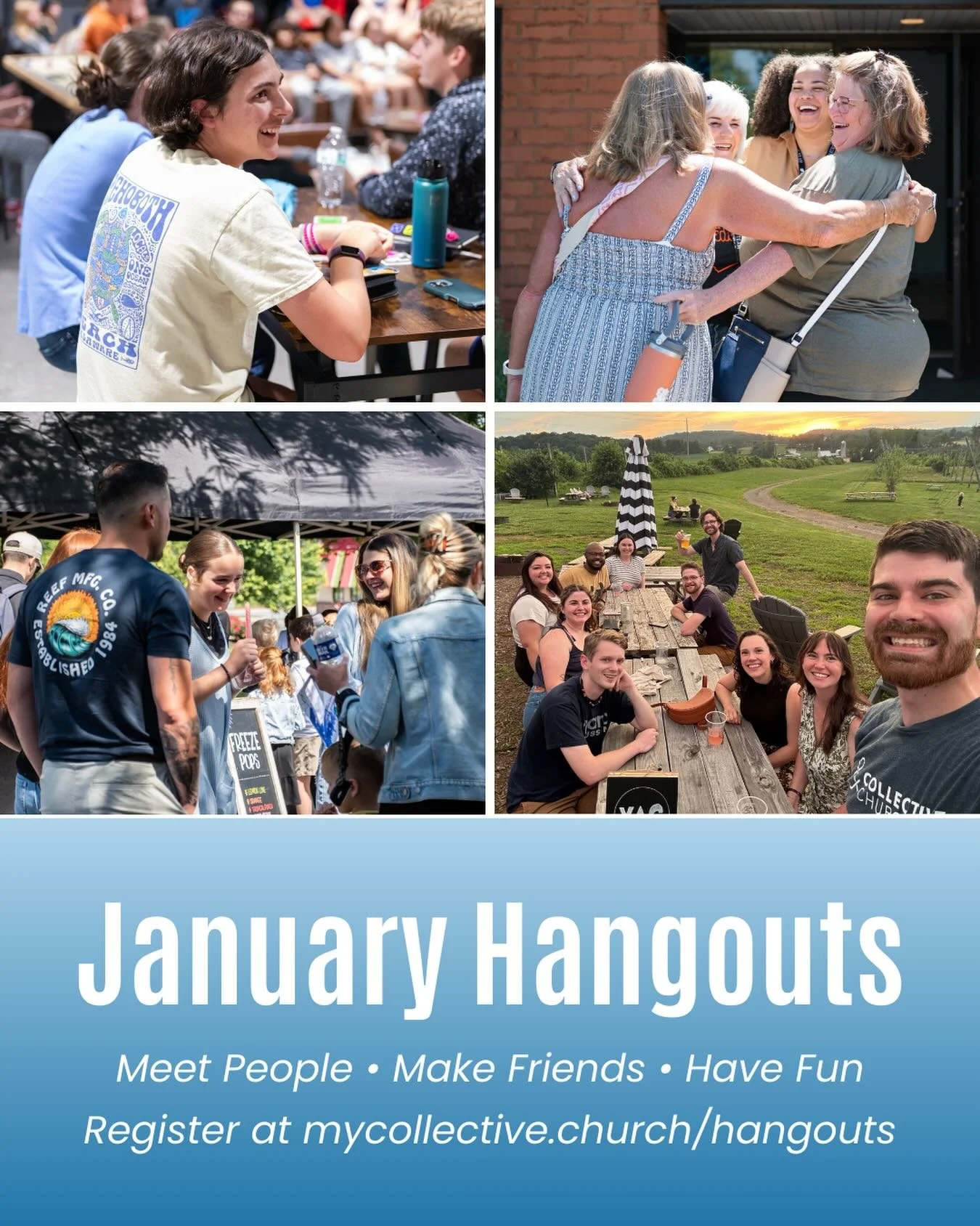 If Winter is starting to drag you down, we have a cure for that! January Hangouts go from January 26th-31st and they are a great way to meet people, have fun, and get out of the house!

Find a hangout here: www.mycollective.church/hangouts

#mycollec
