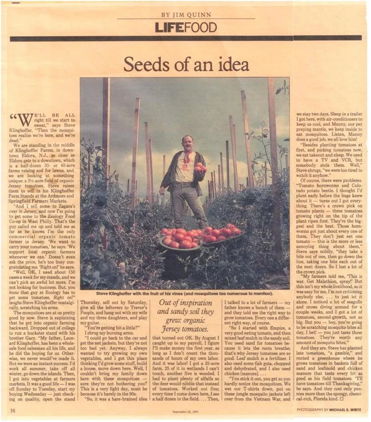 Steve at his organic tomato farm in New Jersey in 1991