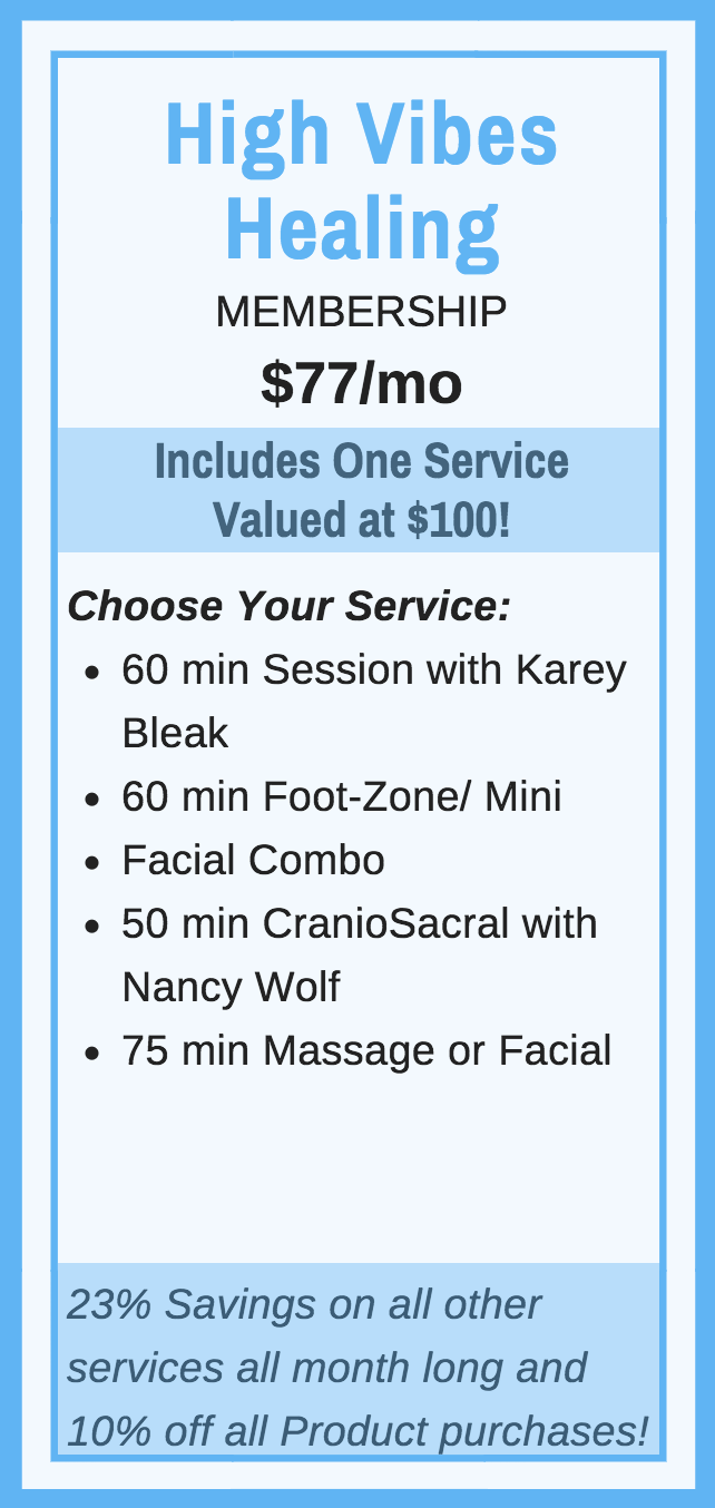 Good For: -60 min Session with Karey Bleak -60 min Foot-Zone/Mini Facial Combo -50 min CranioSacral with Nancy Wolf -75 min Massage - 75 min Facial *23% Savings on all other services all month long & 10% off all Product purchases!