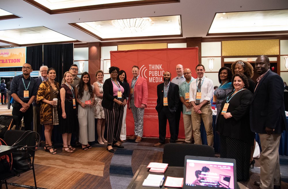   Members of the Public Media Village gather before the Career Fair kicks off at the NAHJ/NAJA 2018 conference in Miami, FL.  