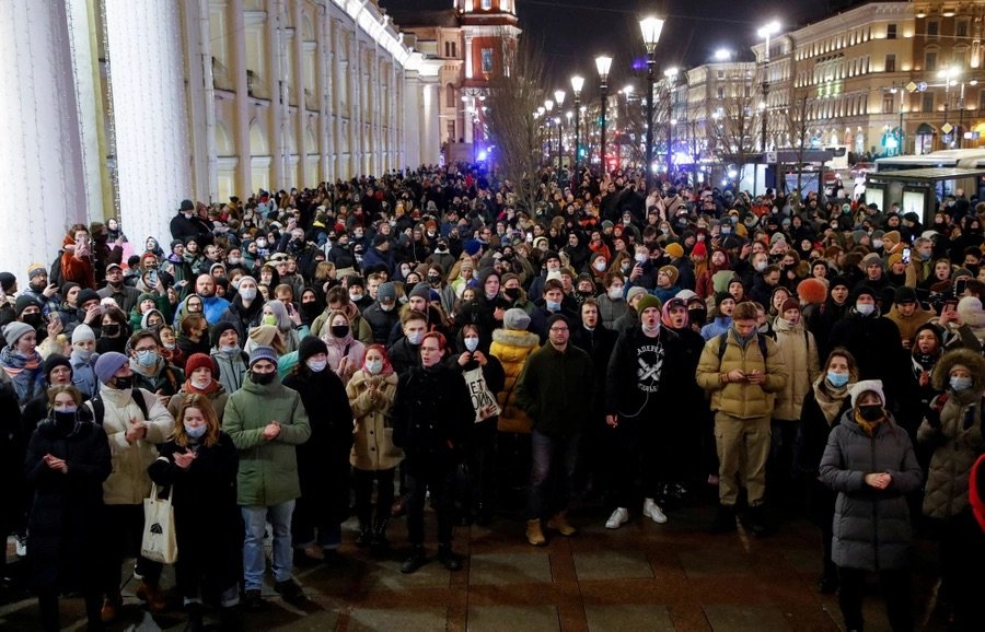  People attend an anti-war protest in St. Petersburg on February 24, 2022. [ Article. ]  Anton Vaganov/Reuters  