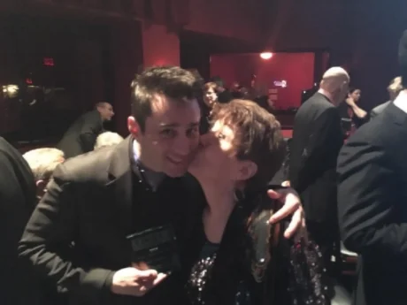 Joan congratulating Matt Baker on his winning the Bistro Award (NYC)