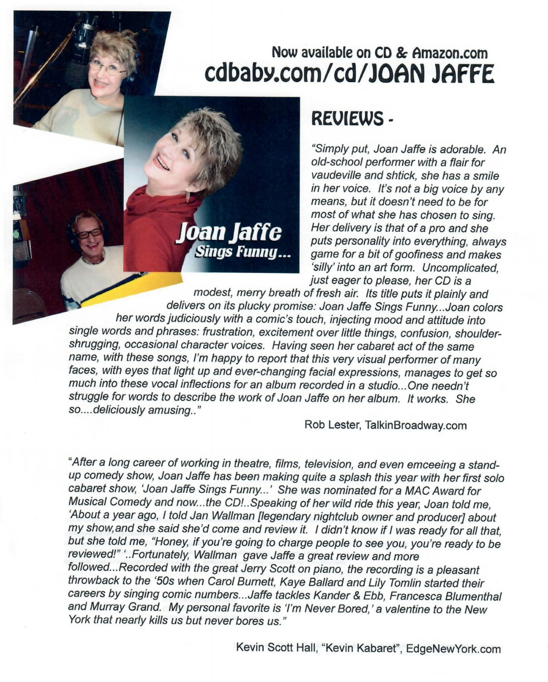  joan jaffe sings funny..... is available at cdbaby.com amazon itunes or go directly to cdbaby.com/m/cd/joanjaffe
