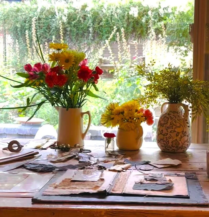 September morning. Getting ready to film another new online workshop, which is still a secret! But I had to share my pretty workspace and window view.