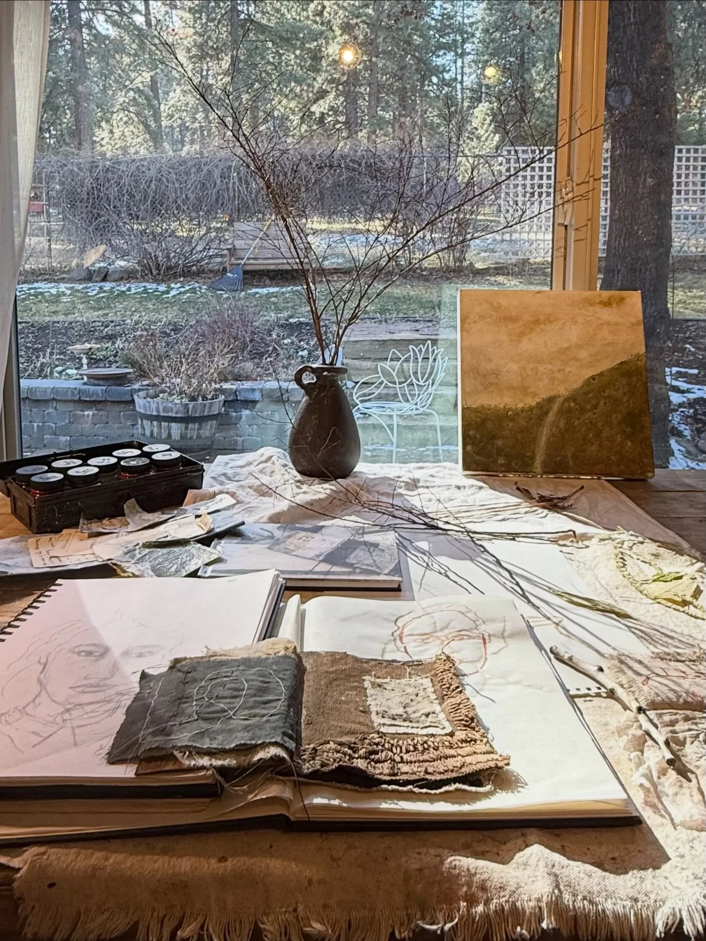 On my work table today. I hope you all are having time for art today. And time to stare out the window.