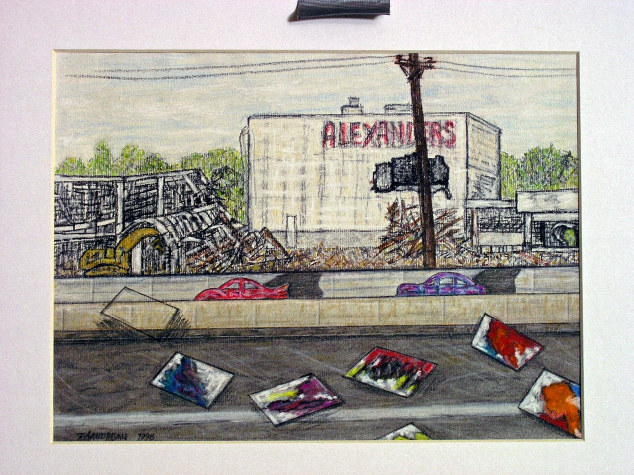 Demolition of Alexanders and the Disappearing Memory of Stefan Knapps Mural Somewhere within the Maze of the Freeway 1999 (Alexanders Department Store, Paramus, New Jersey circa 1999) charcoal, graphite and pastel on paper 9 x 12 inches (SOLD)