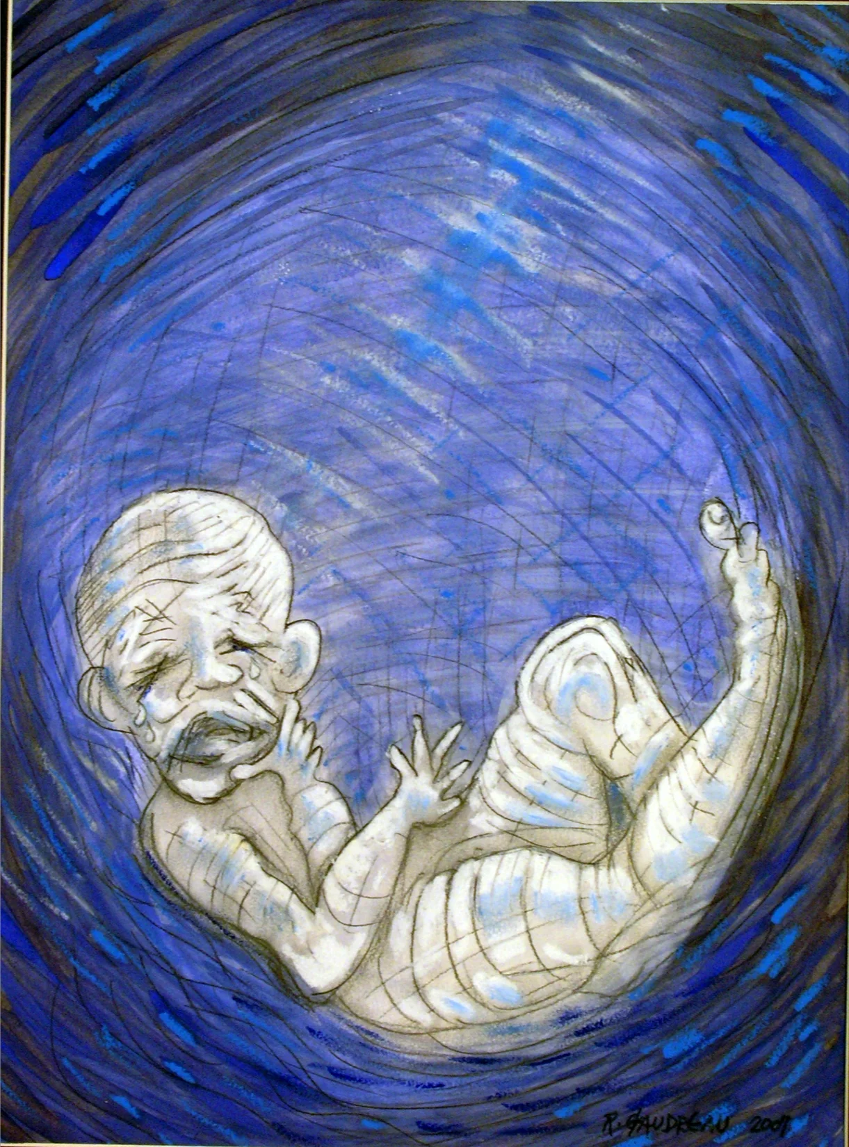 My Daughters Embryonic State Crying 2007 Gouache, Oil Pastel mixed media painting on watercolor paper 16H x 12W inches