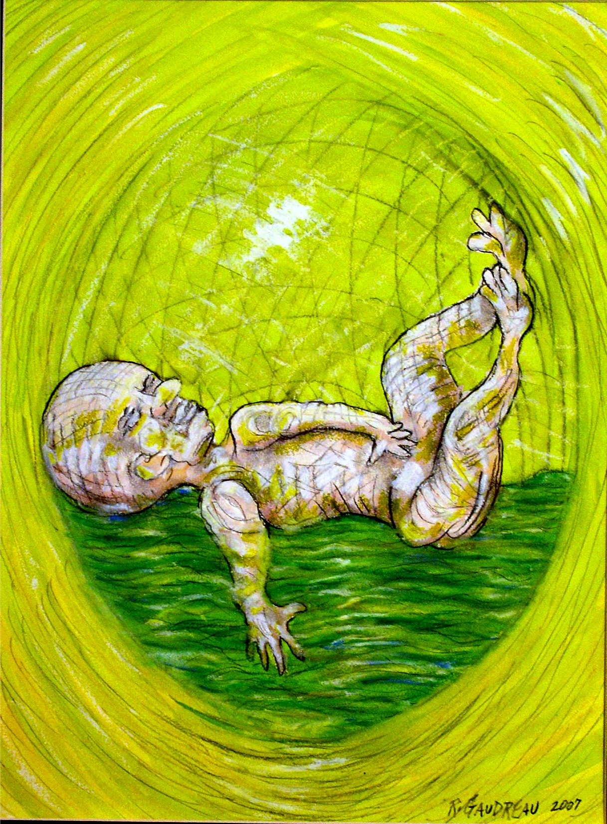 My Daughters Embryonic State Floating 2007 Gouache, Oil Pastel mixed media painting on watercolor paper 16H x 12W inches