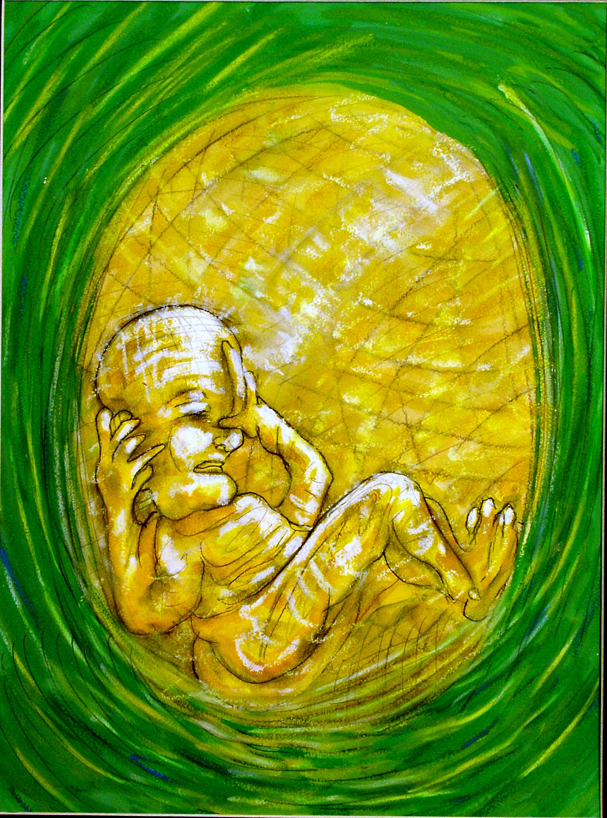 My Daughters Embryonic State Covering Ears 2007 Gouache, Oil Pastel mixed media painting on watercolor paper 16H x 12W inches