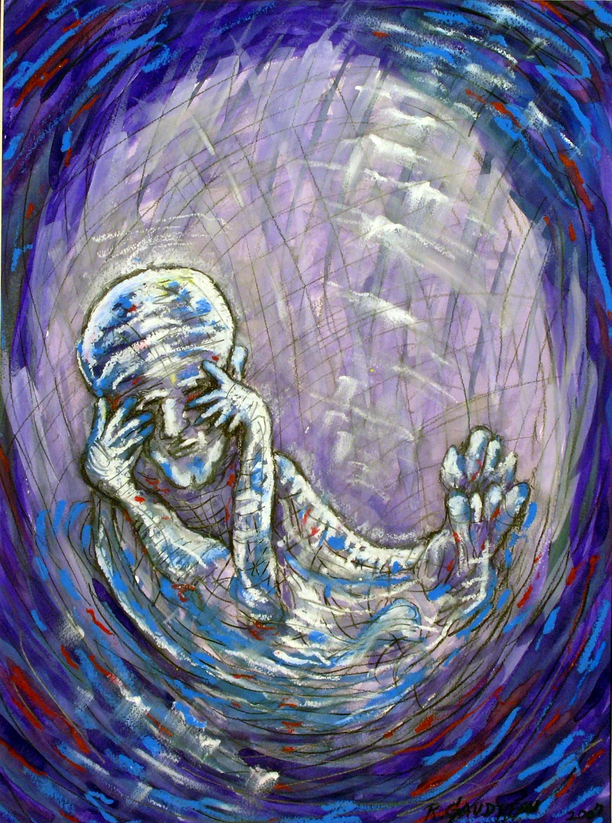 My Daughters Embryonic State Rubbing Eyes 2007 Gouache, Oil Pastel mixed media painting on watercolor paper 16H x 12W inches
