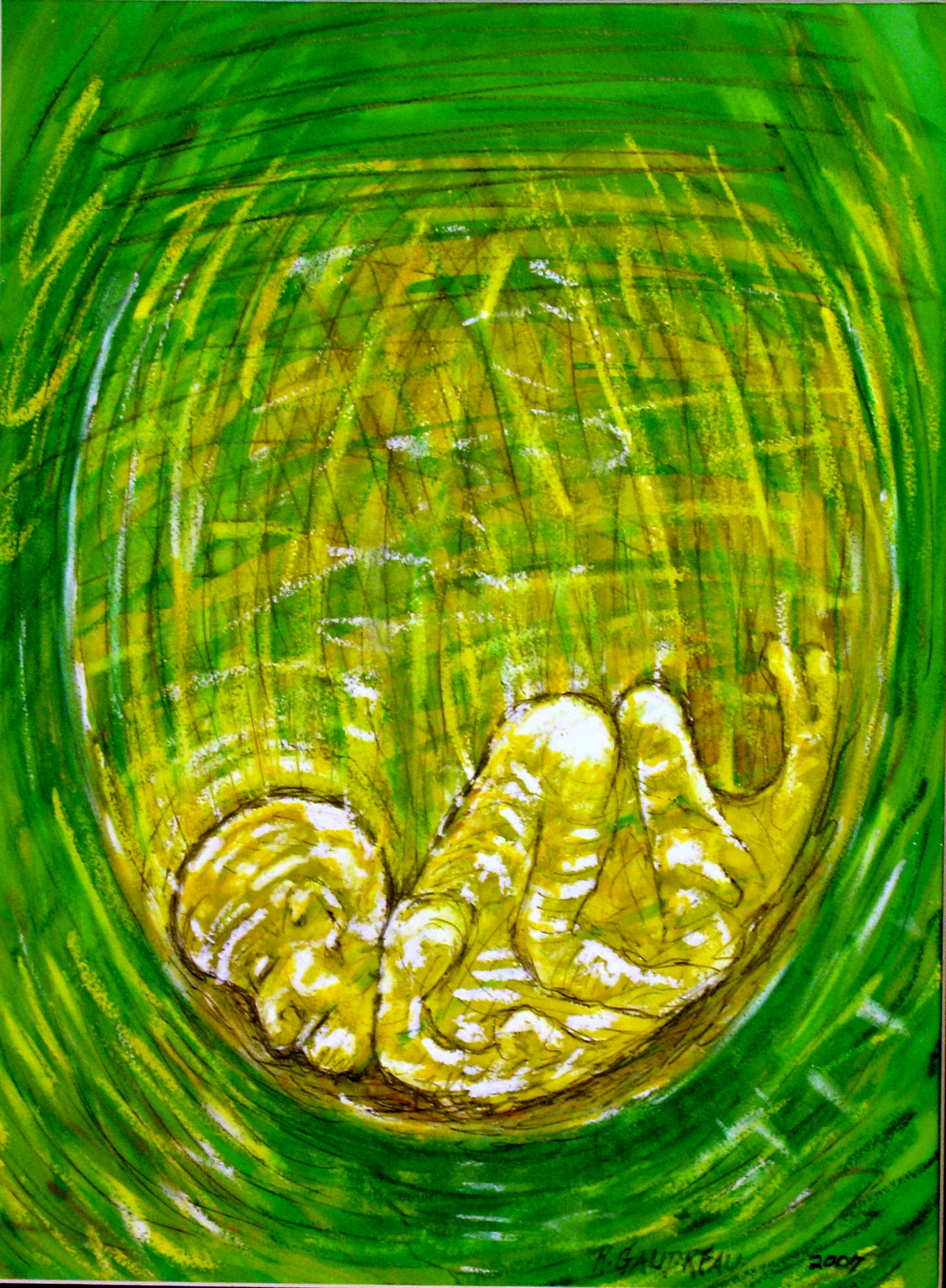 My Daughters Embryonic State Heading Down 2007 Gouache, Oil Pastel mixed media painting on watercolor paper 16H x 12W inches