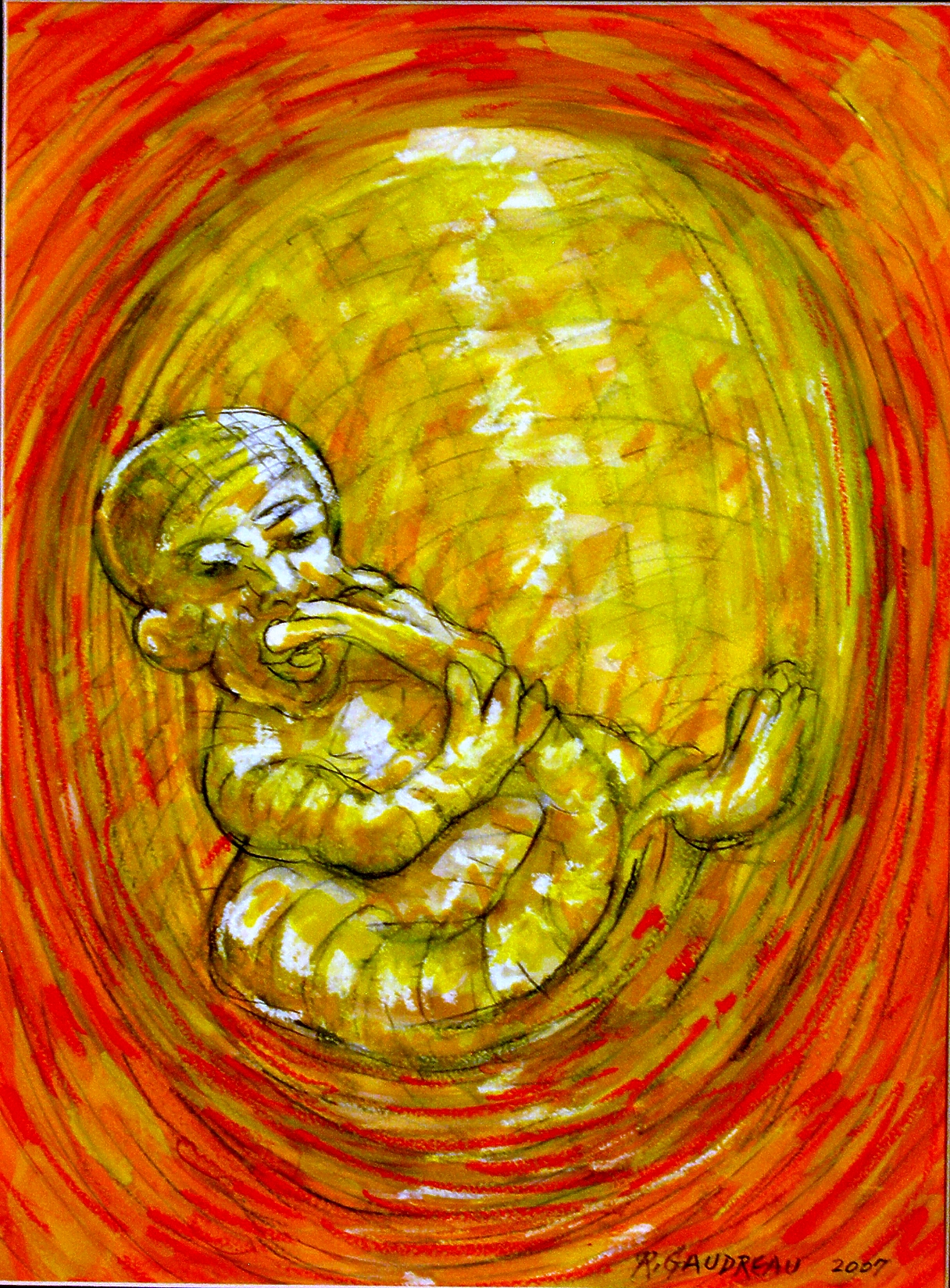My Daughters Embryonic State Sucking Toe 2007 Gouache, Oil Pastel mixed media painting on watercolor paper 16H x 12W inches