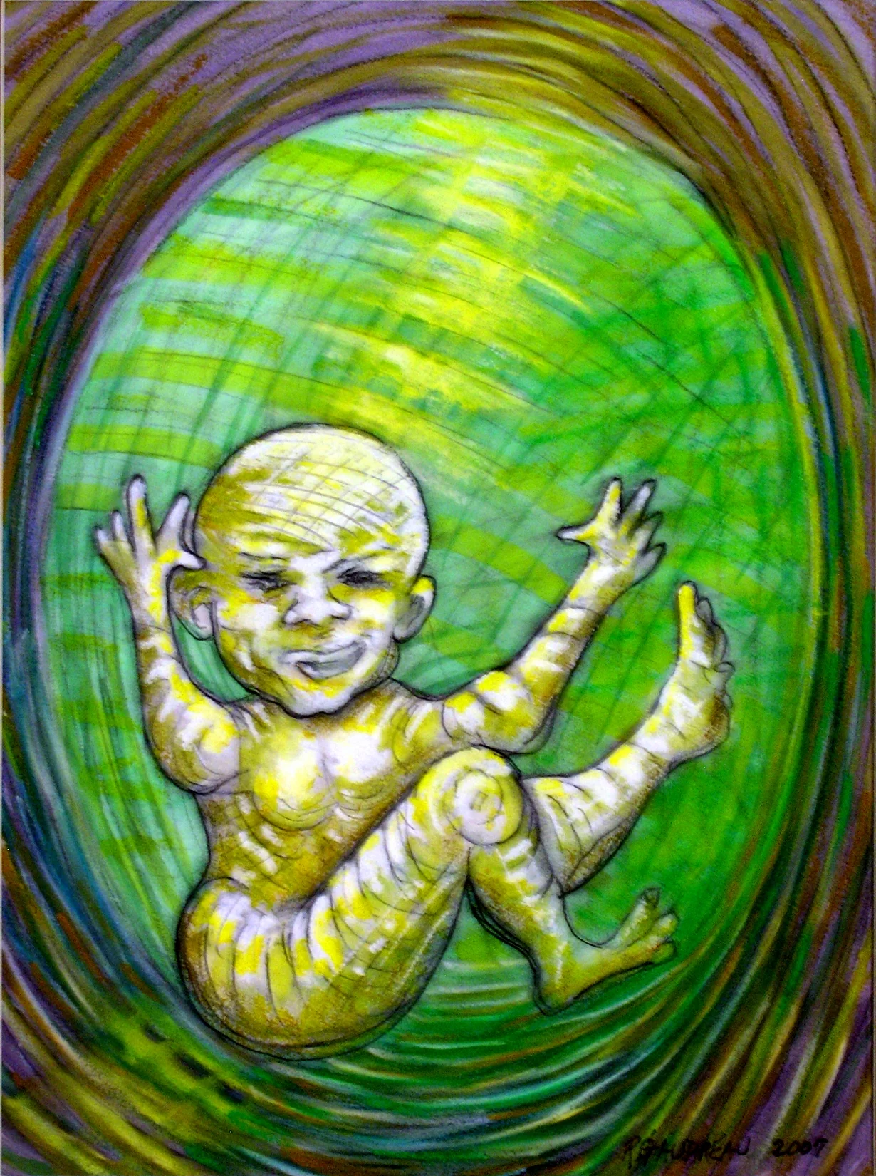 My Daughters Embryonic State Waving 2007 Gouache, Oil Pastel mixed media painting on watercolor paper 16H x 12W inches