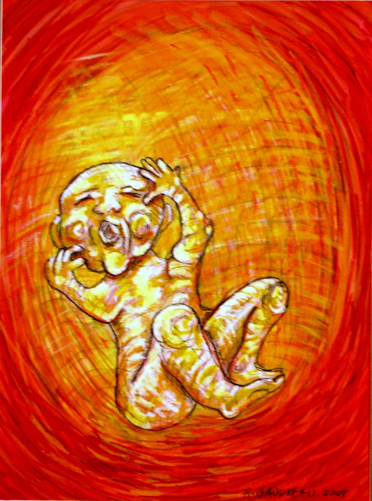 My Daughters Embryonic State Ready to Feed 2007 Gouache, Oil Pastel mixed media painting on watercolor paper 16H x 12W inches