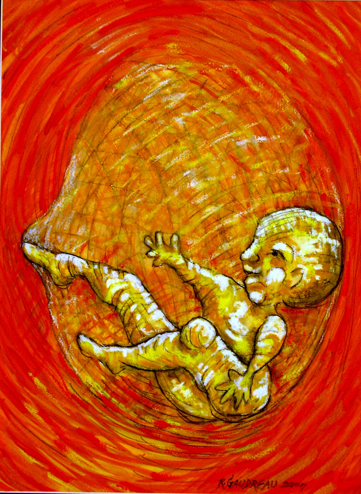 My Daughters Embryonic State Kicking 2007 Gouache, Oil Pastel mixed media painting on watercolor paper 16H x 12W inches