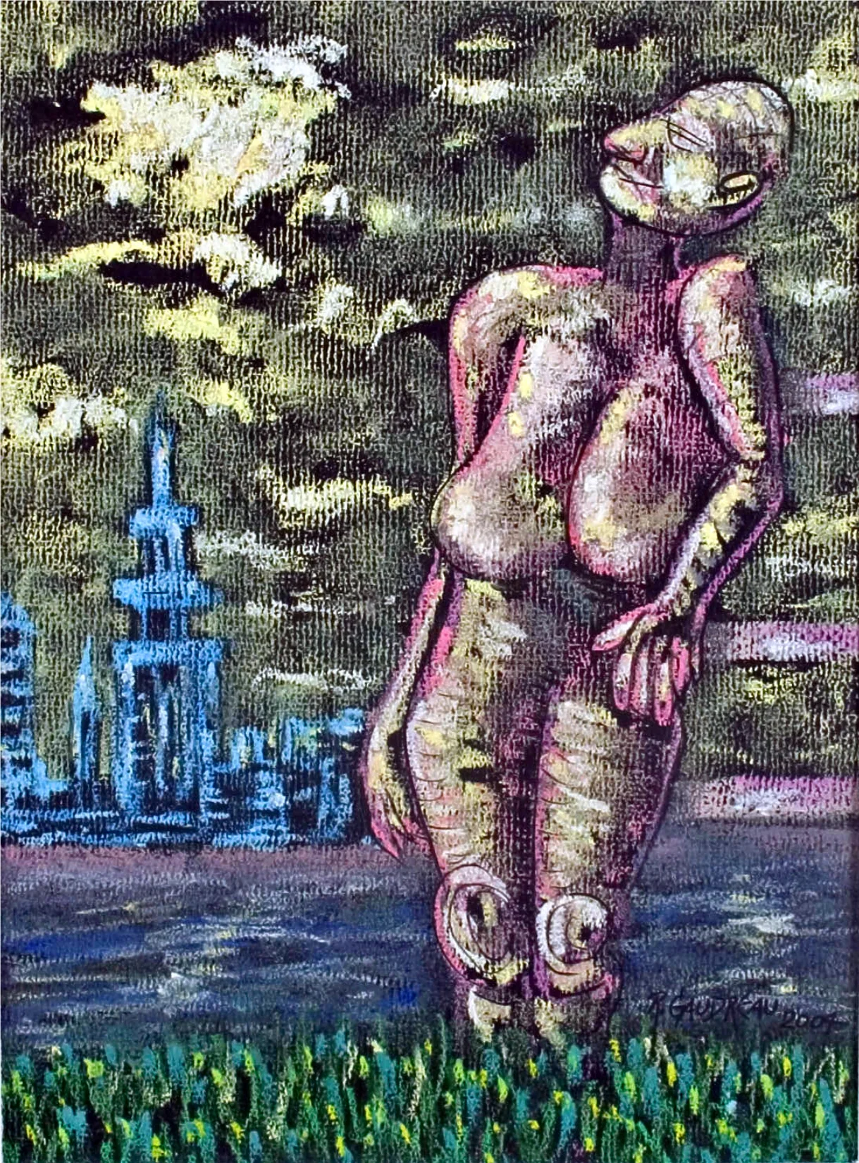 Elderly Woman Sunbathing 2004 pastel, charcoal on paper 12 x 9 inches