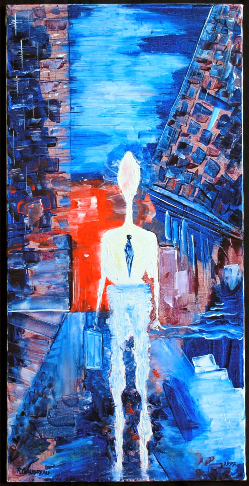 Man with the Suitcase Evening Work 1997 mixed media knife painting on canvas 30 x 15 inches