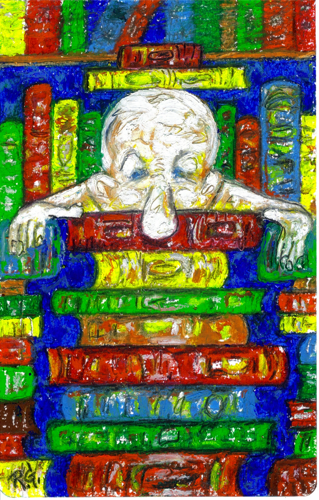 Buried in the Books2007 oil pastel, graphite, charcoal on watercolor paper 8 x 5 inches