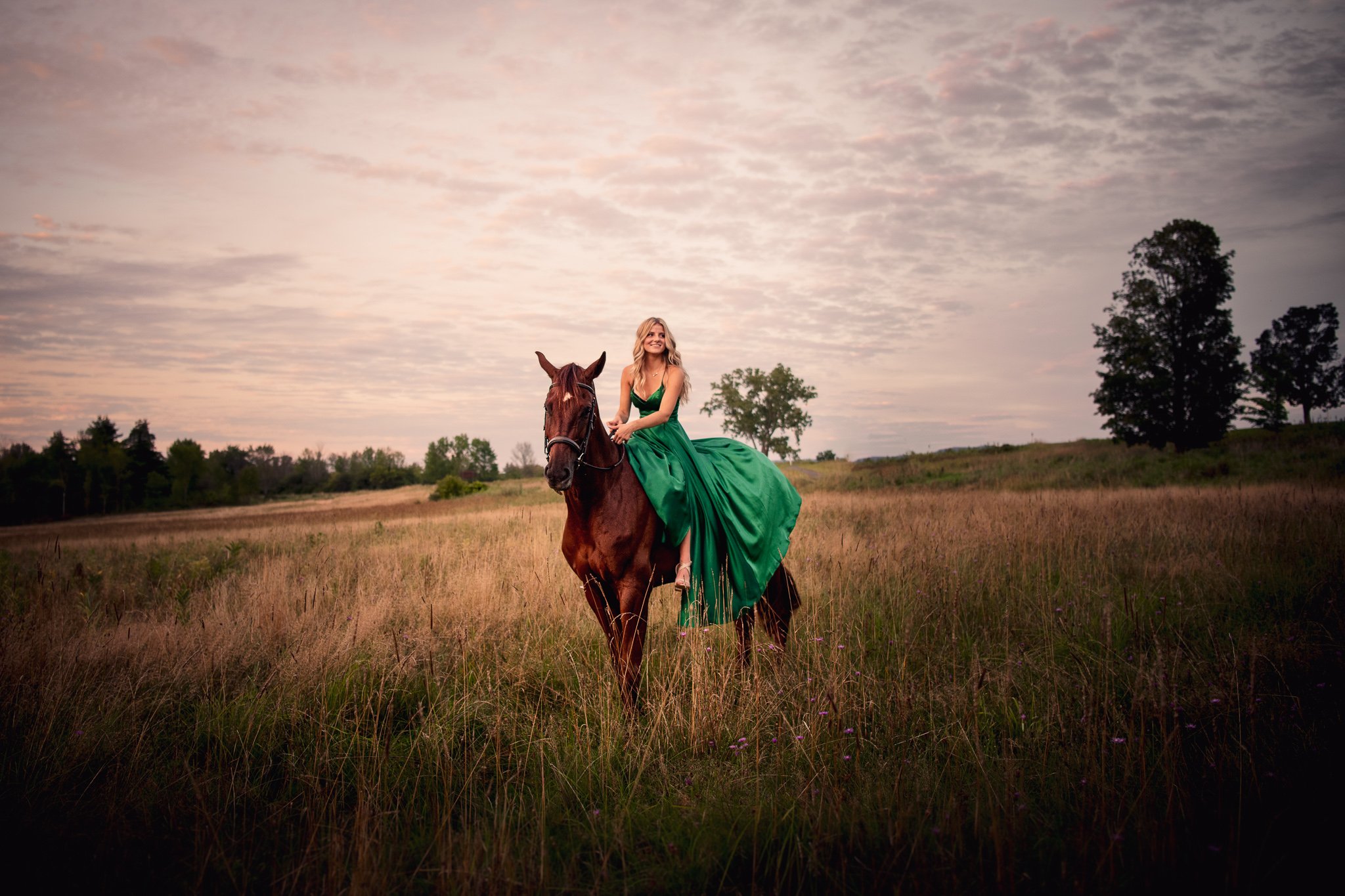 A woman wearing a long green dress sitting on a brown horse in a field during sunset.