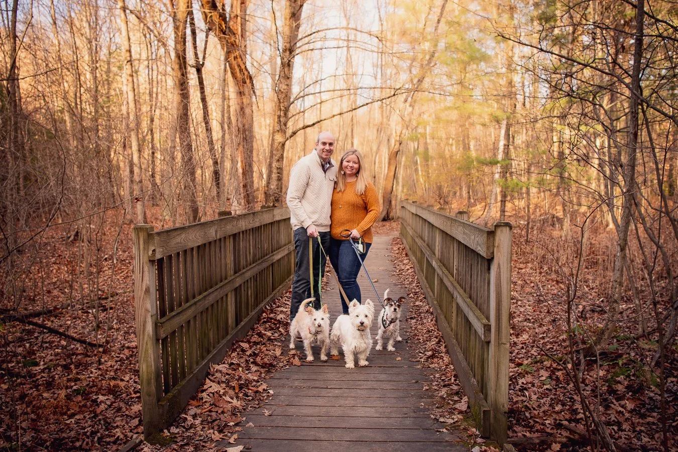 A couple with three small dogs standing on a wooden bridge in a forest during autumn.