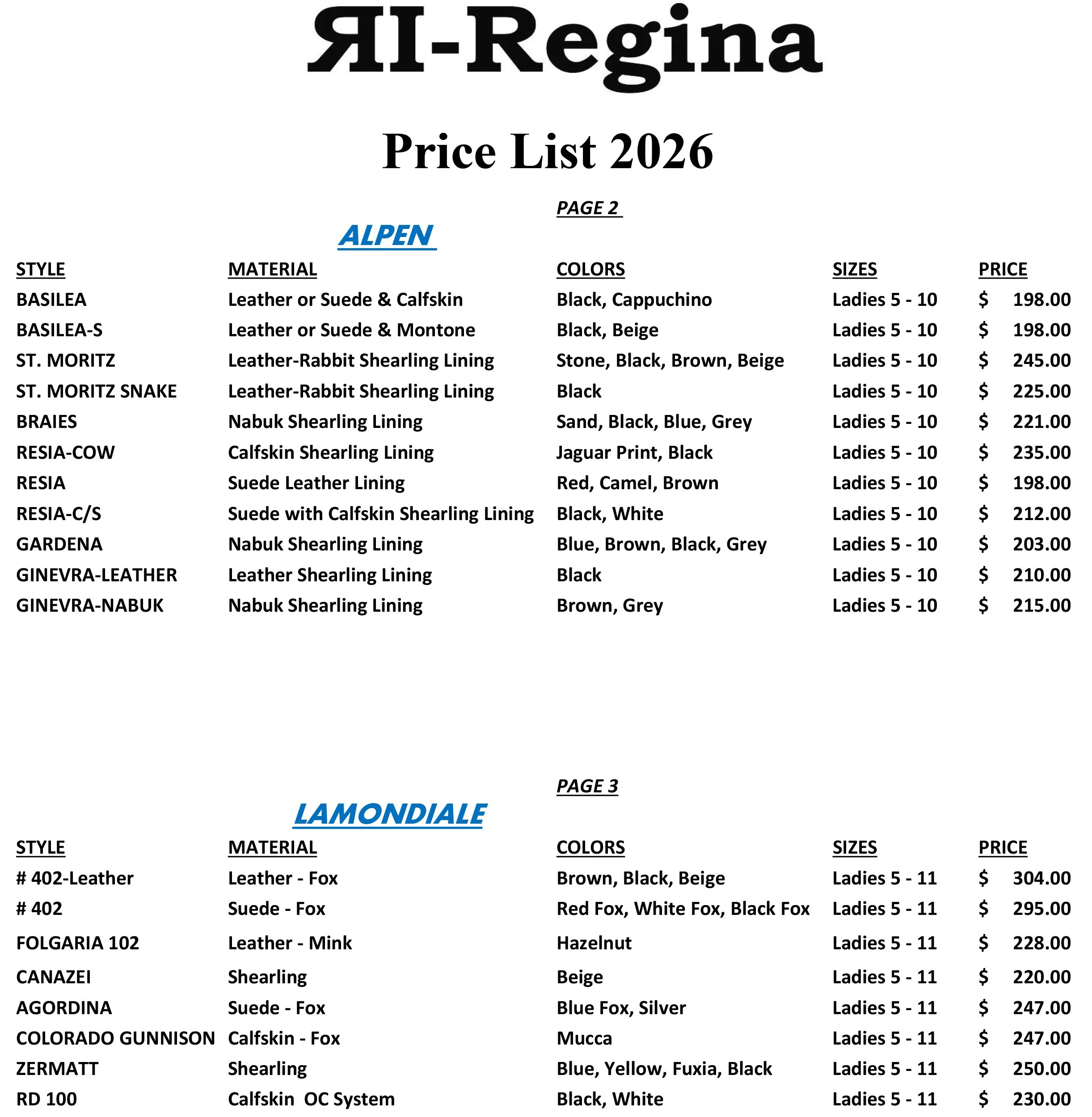 2026 Regina Price List