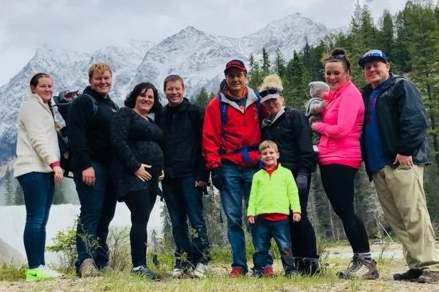 Here’s a line-up of the Reed family crew. From left to right is Bobbi, Bridget (in the backpack carrier), Ryan, Kristin (with child!), Josh, me, Brayden, Nola, Zeke, Liz, and Zac! The family vacation in Banff, Canada was so much fun!