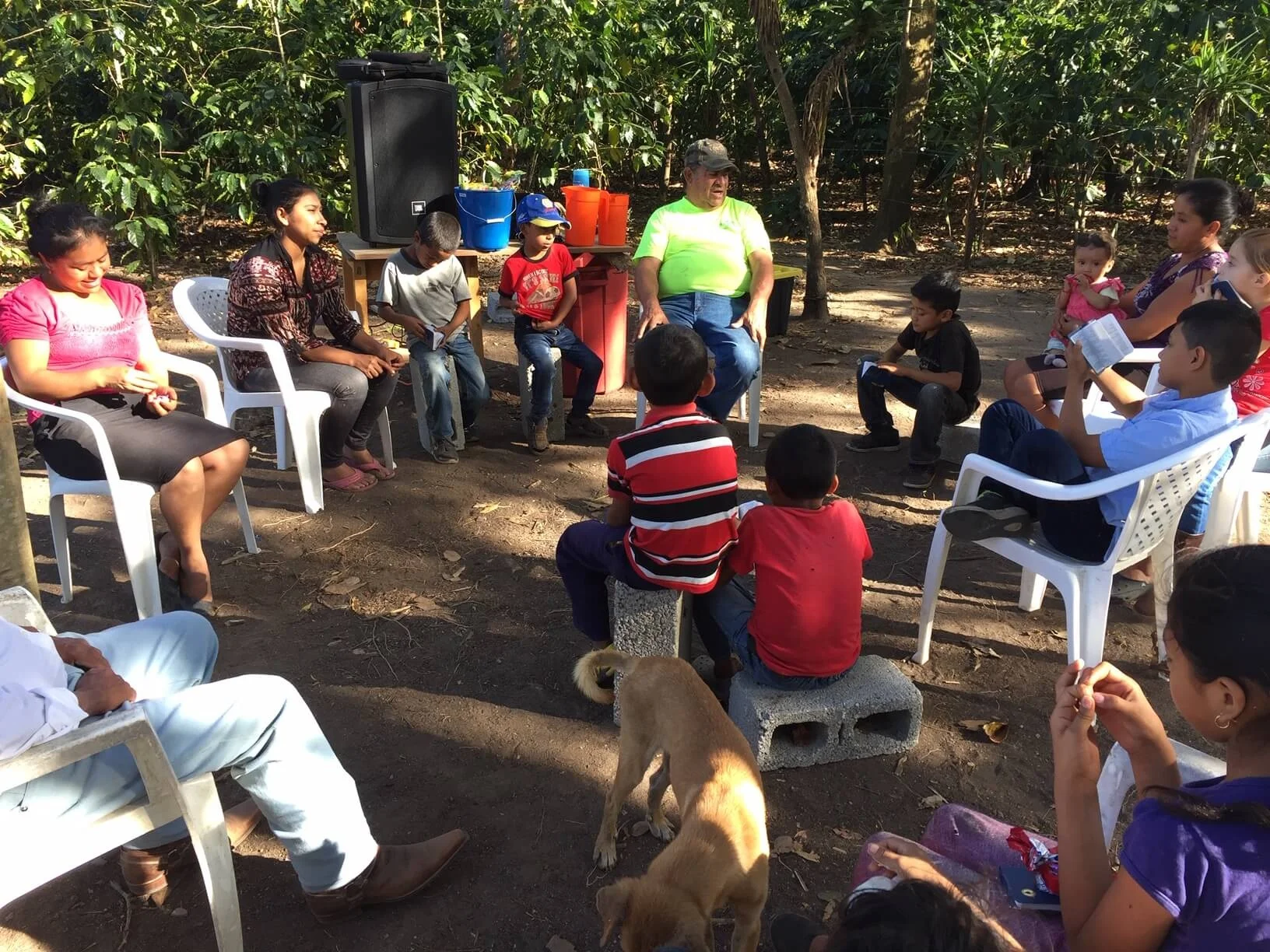 Here is a meeting of a group in Las Bolsitas, near Cesar’s home. For those who know the story, this is the dog bite church! It got started in a house where I got bit by a dog. Note that they have moved to this new space in the middle of coffee trees (which is what you can see in the background).