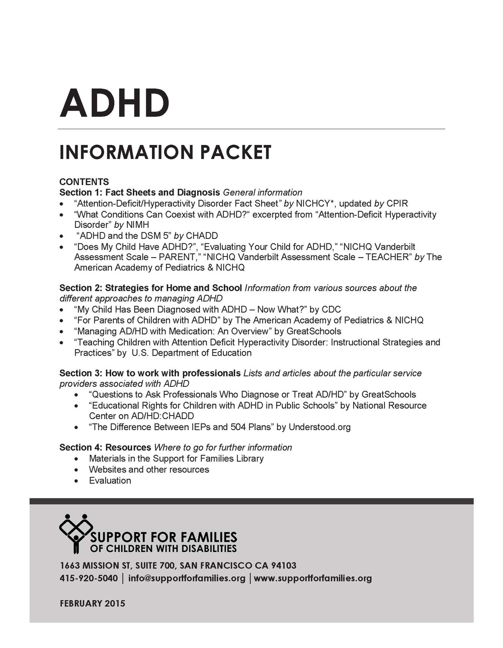 ADHD Info Packet — Support for Families of Children with Disabilities