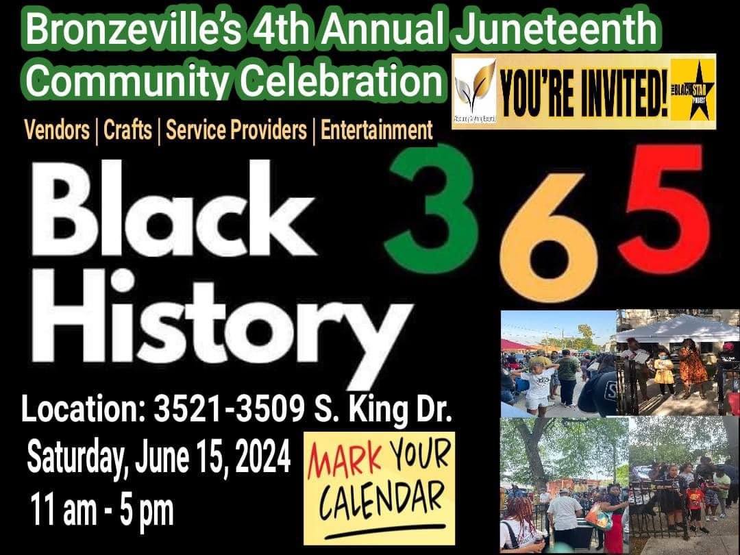 Let us unite on Saturday June 15, 2024, to honor Juneteenth in Bronzeville and demonstrate the strength of Black Love in Chicago, inspiring optimism and progress! Unity Rising! Vendors wanted.  https://forms.gle/AVZGd6NEYJ91AdXe6