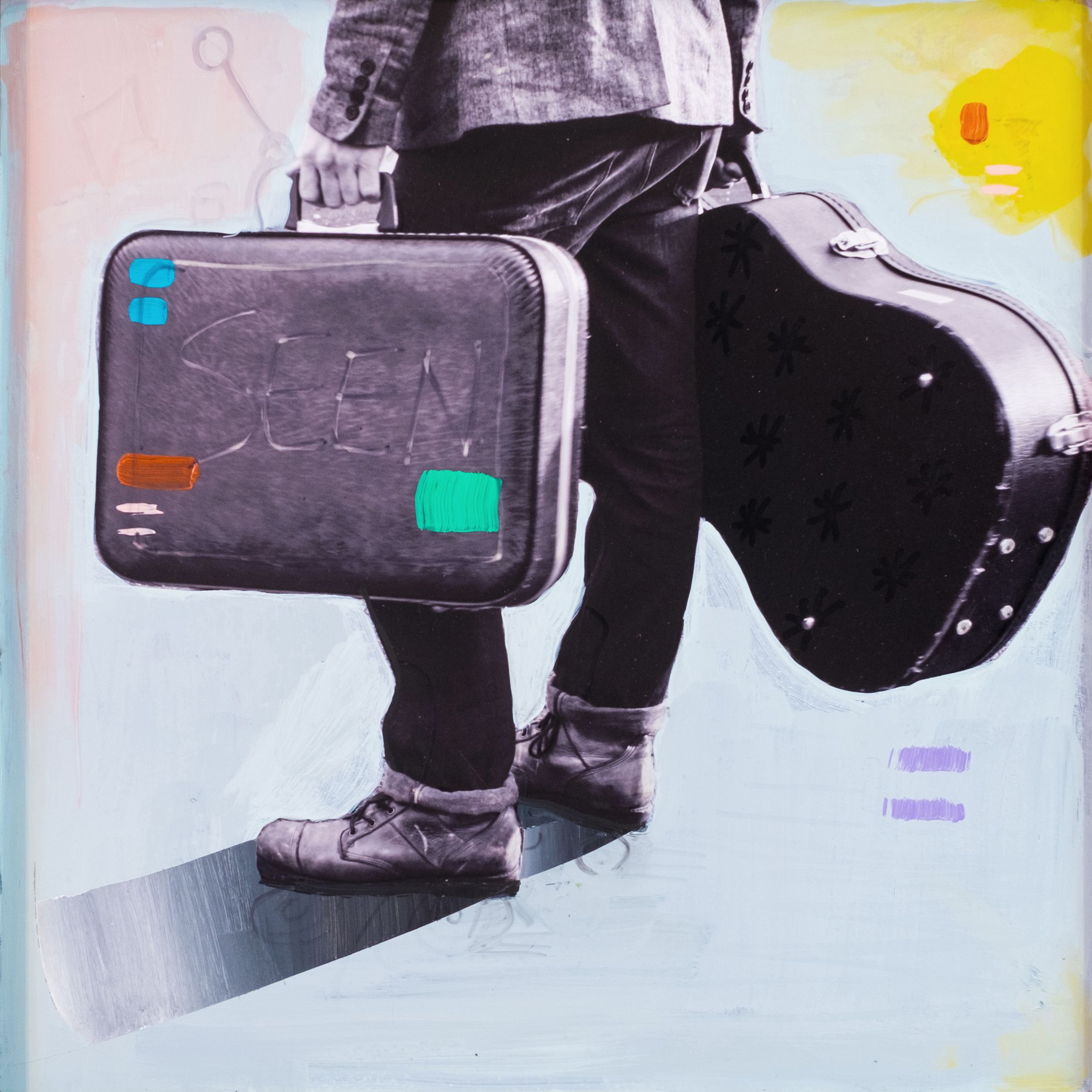 #16 BAG AND GUITAR (SOLD) oil, acrylic and uv ink on fine art photo paper