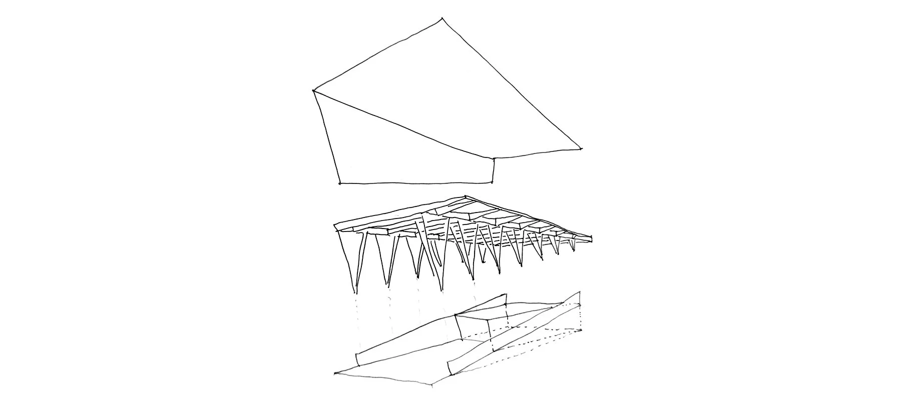 ................ exploded sketch of roof, structure, and base ................