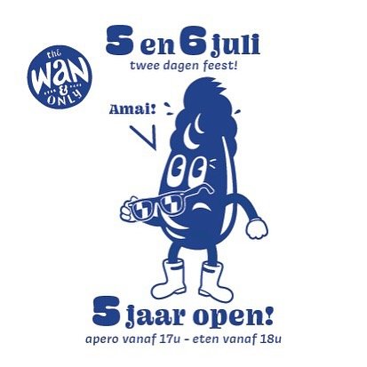 De Wan wordt 5 jaar! Zaterdag 5 en zondag 6 juli geven we er een extra lap op! Alle wanklassiekers, frietjes, mayo, wijn en &eacute;xtra frisse pils zullen rijkelijk geschonken worden! Reserveren kan binnenkort! Vriendelijke groetjes en tot dan! @lor