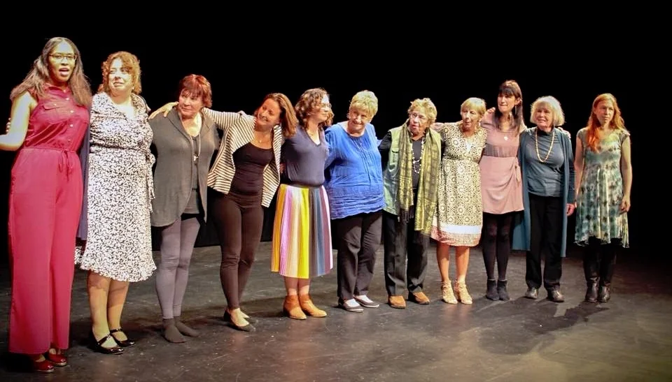Our Voices 12 Playwrights, from Left: Fabiola Decius, Lynda Vernalia, Jane Knox, Ana Candida Carneiro , Cassie Seinuk, Sue Huggans, Rosie Rosenzweig, Kelly DuMar, Suzanne Bolos Westhues, Ann Marie Shea, Amy Mevorach