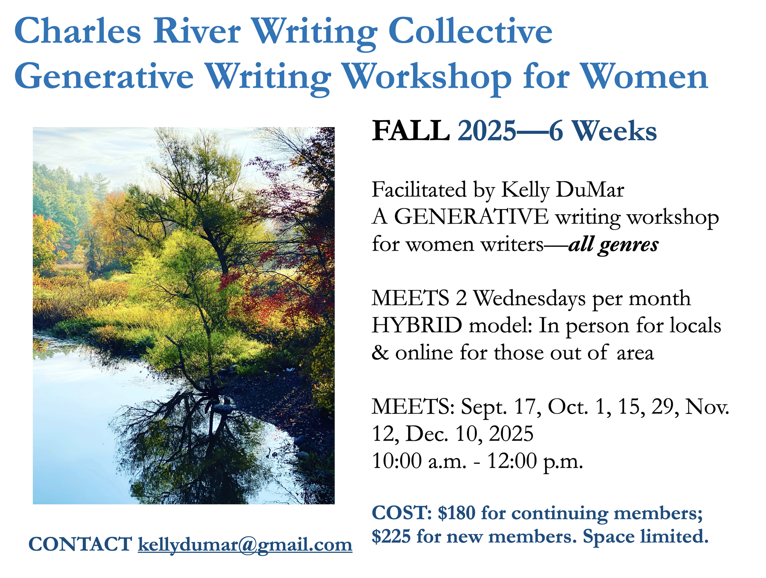 My FALL Charles River Writers Generative Writing Workshop Starts Wed. Sept. 17, 10-12:00 p.m. ET