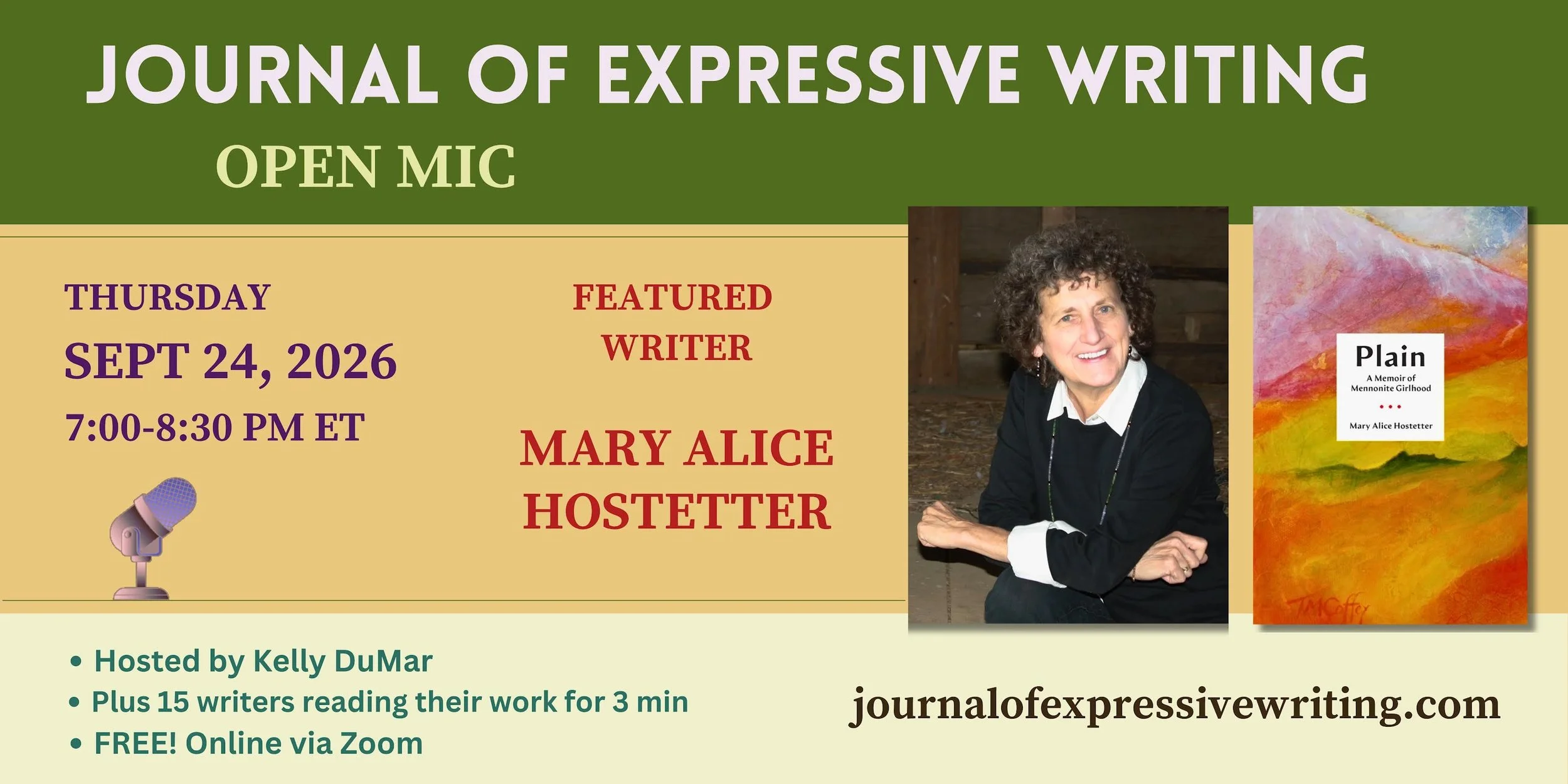 Mary Alice Hostetter Features at Journal of Expressive Writing Thurs. Sept. 24, 2026 7:00 p.m. ET