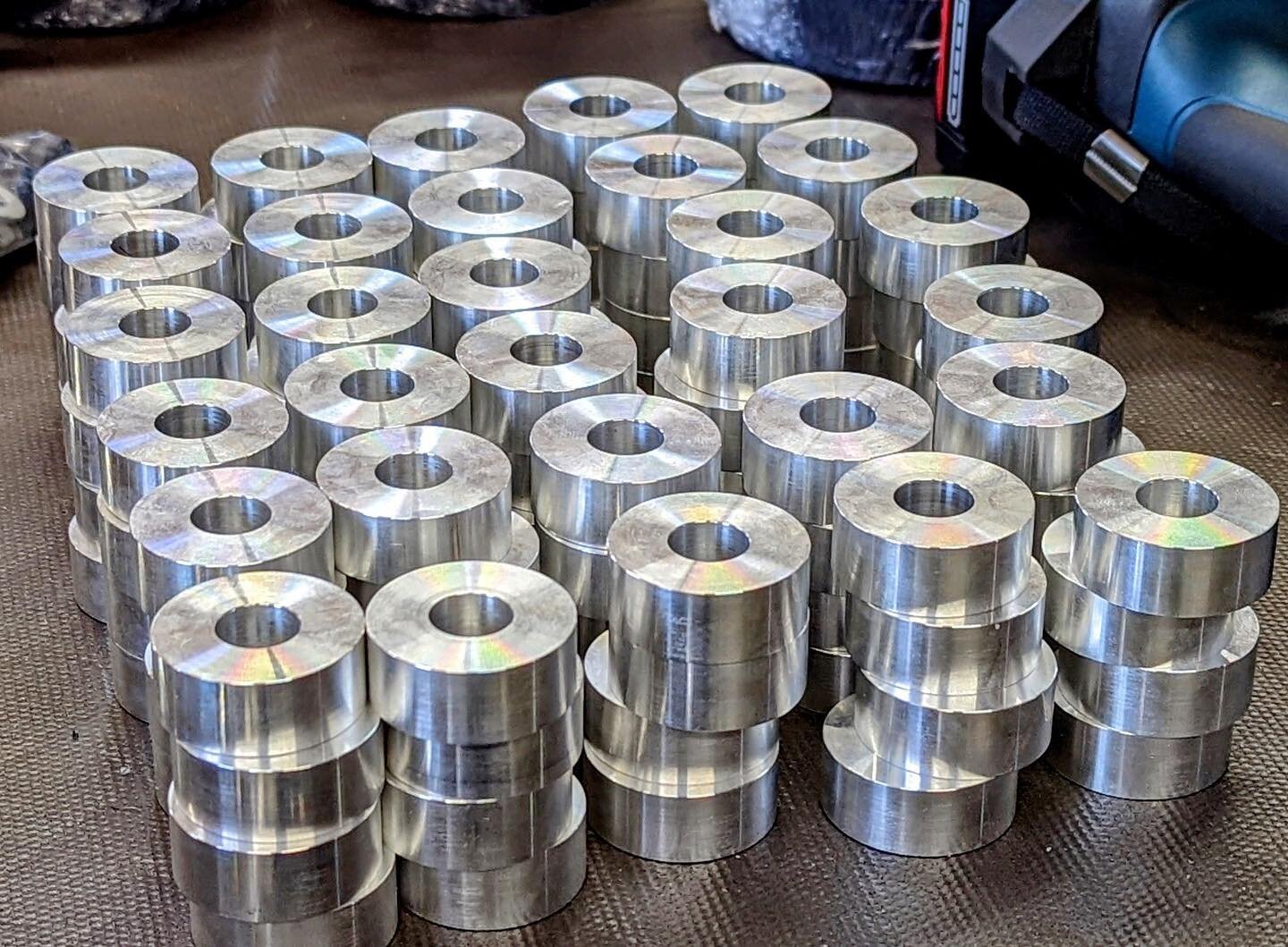 Freshly machined and ready for powder coat. We switched up manufacturing processes to keep these pieces as cost effective as possible. KL Cherokee trailing link spacers (elsewhere know as rear wheel centering kit). Lathe turned 6061 aluminum, powder 