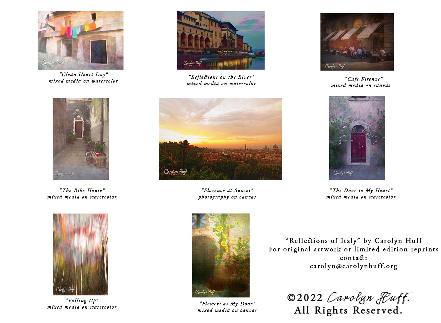 Reflections of Italy. Copyright 2022 Carolyn Huff. Scenes from Italy. Mixed Media on canvas and watercolor.