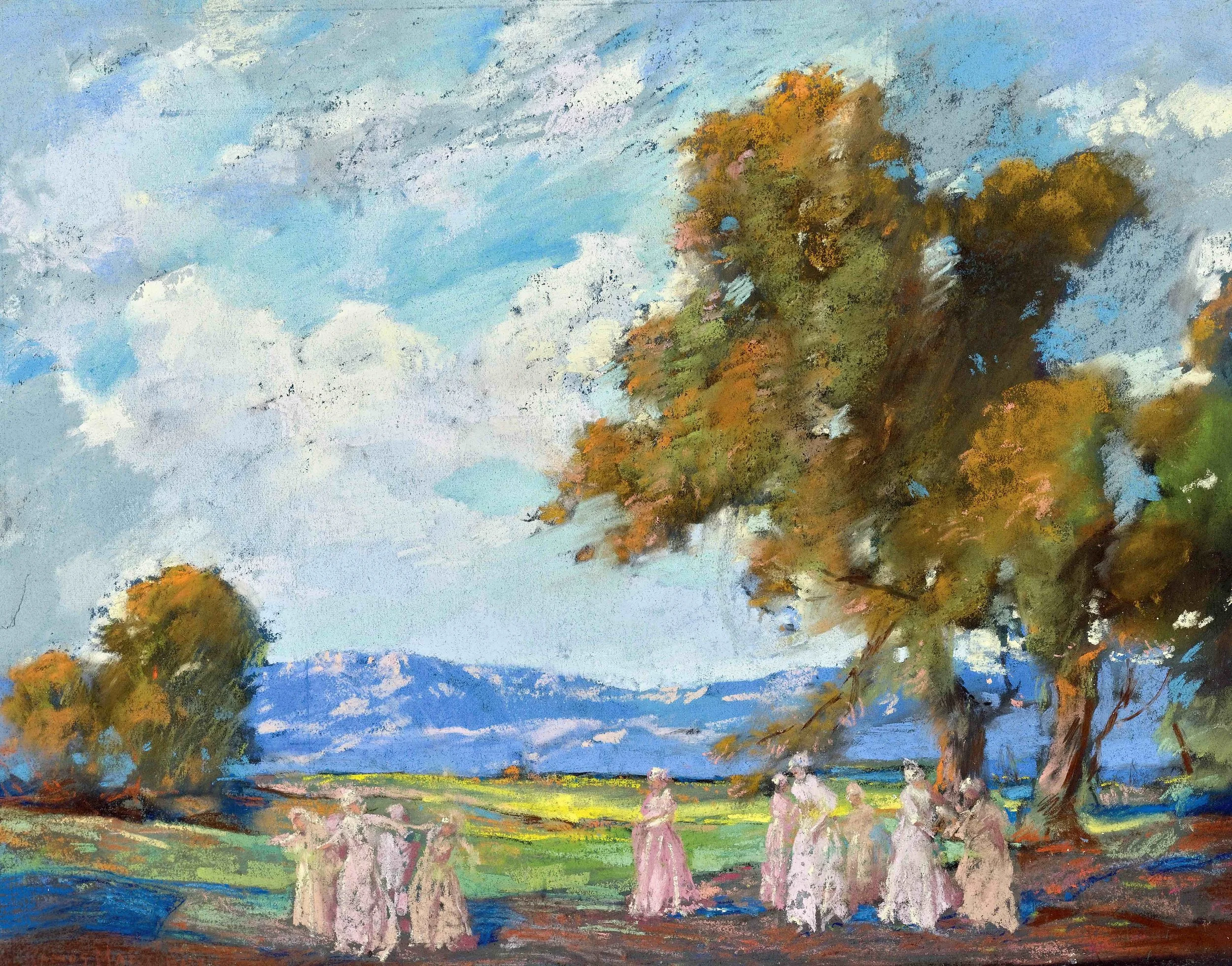 Paisaje con Damas en el Campo / Landscape with Ladies in the Countryside 1922 gouache and pastel on paper / aguada y pintura al pastel sobre papel 14.4 x 18.5 inches / 36.5 x 47 centímetros Private collection