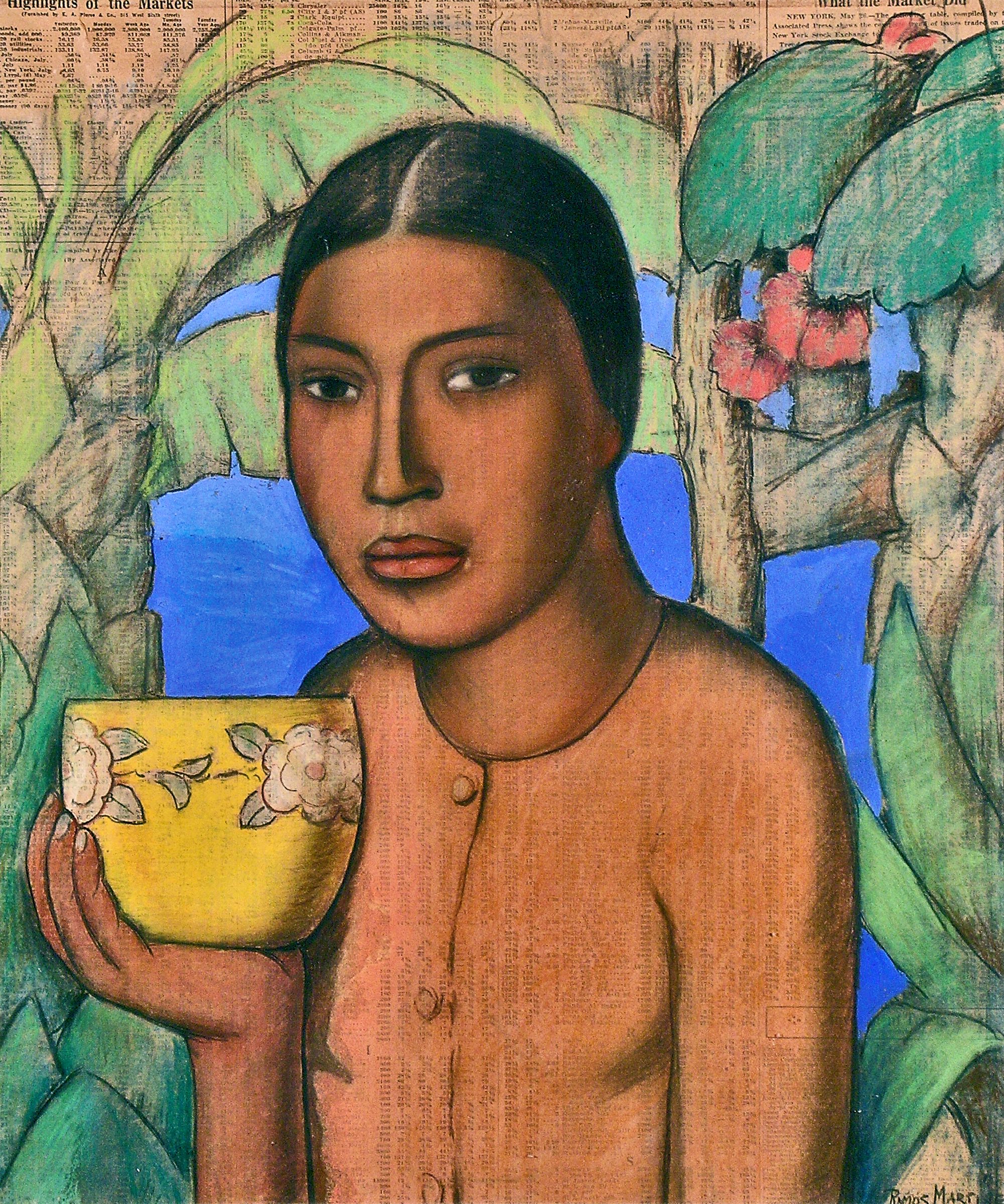 India con Tazo / Indian Woman with Bowl ca. 1930 pastel and tempera on newsprint / pintura al pastel y temple pastel sobre papel perióco 18.3 x 15.3 inches; 46.4 x 38.4 centímetros Private collection