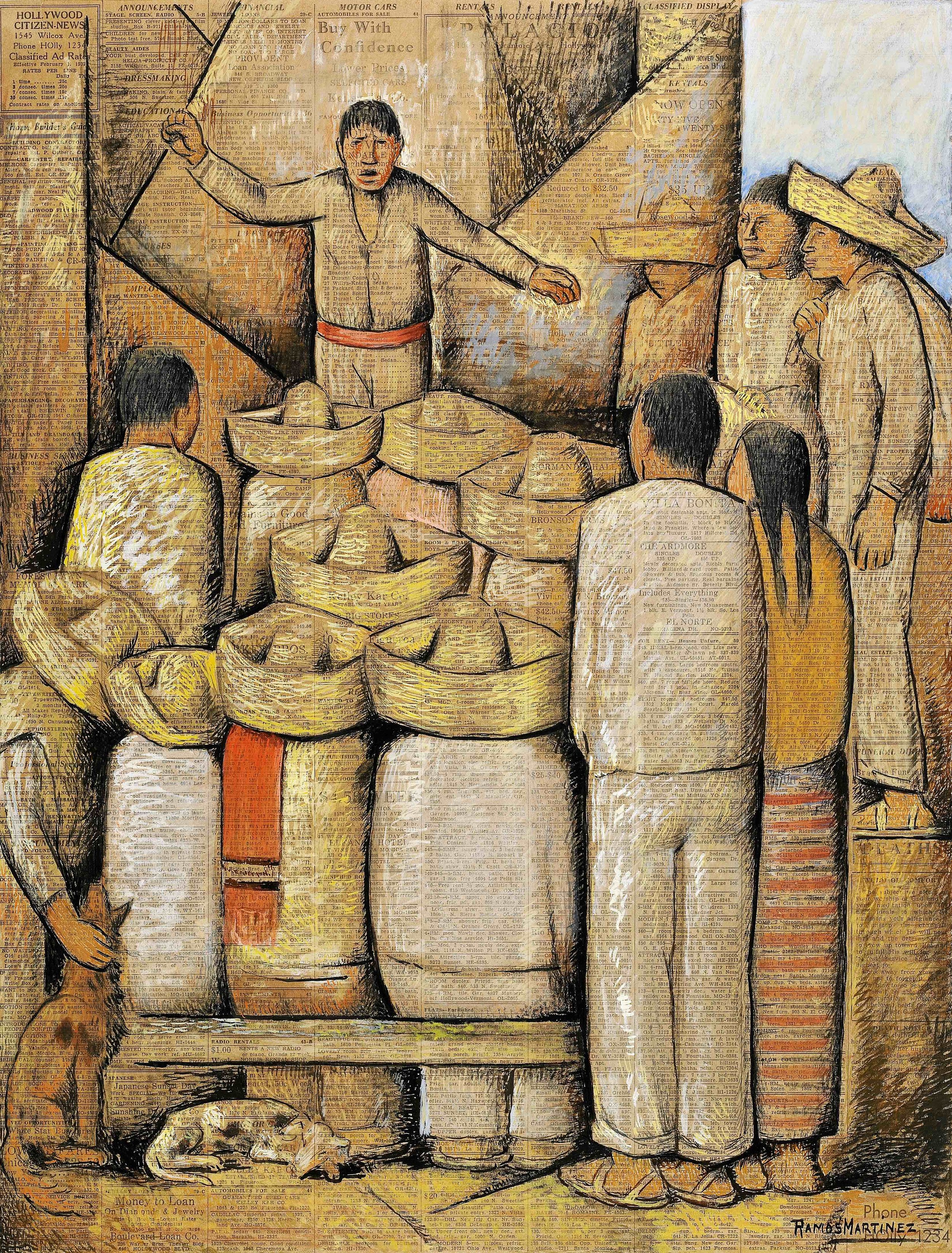 La Reuniòn / The Meeting 1932 tempera, charcoal and pastel on newsprint / temple, carbón y pastel sobre papel periódico (Hollywood Citizen News) 21 x 16 inches / 53.3 x 40.6 centímetros Private collection